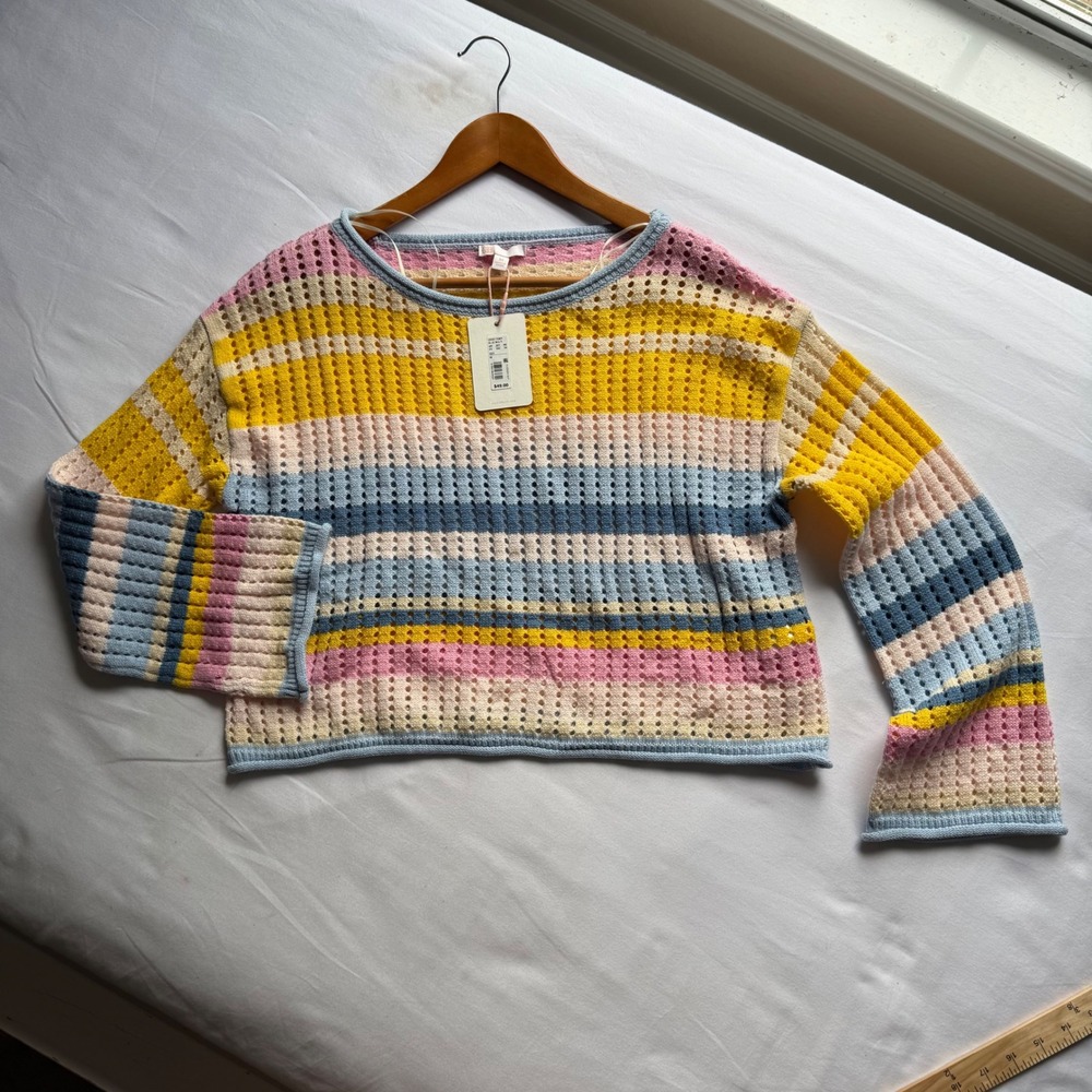 GB Gianni Bini Striped Open Knit Crochet Crop Sweater Blue Multi Medium Boho